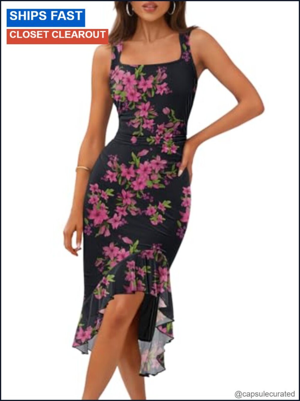 Women's Floral Bodycon Midi Dress Sleeveless Square Neck Ruched Cocktail